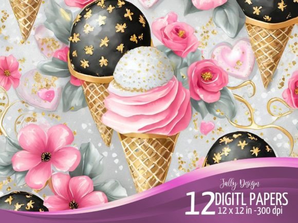 Download Black &amp; Pink Ice Cream and Flower Design - Black Collection